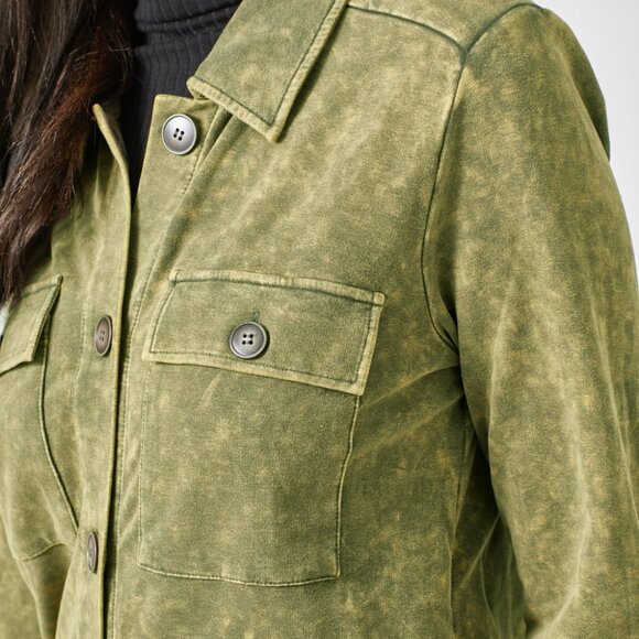 MYSTREE Mineral Wash Utility Shacket, Olive Green Button-Up Jacket - Picture 4 of 4